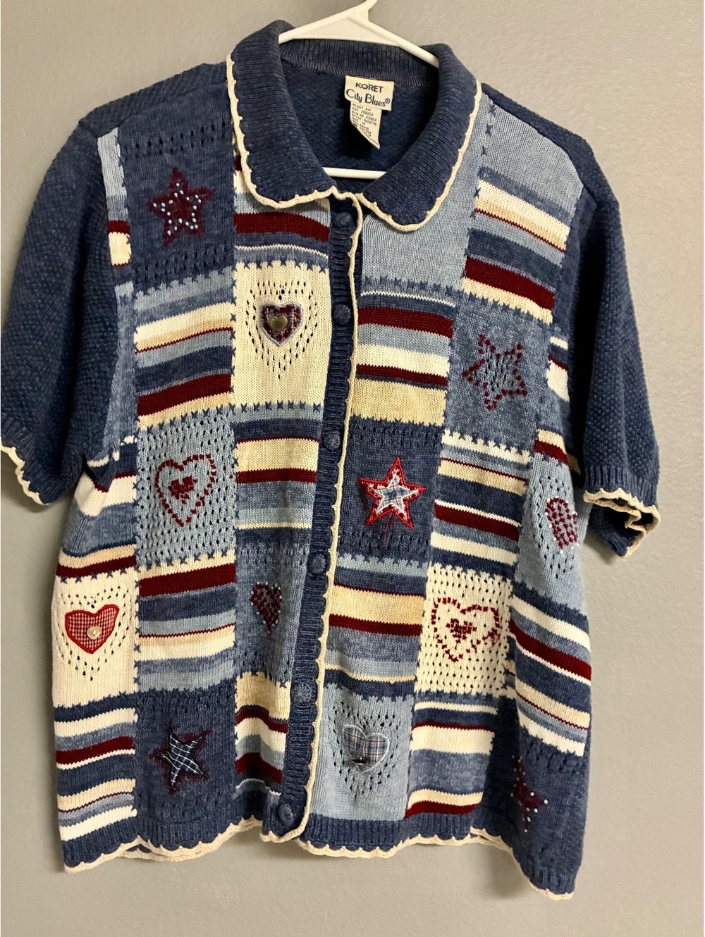 Koret City Blues Vintage Knit Polo Sweater Medium Stars Hearts Patchwork